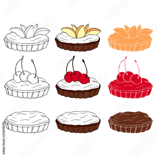 Set of sweet tartlets with different toppings in three styles. Perfect for menu, card, textile, food packaging design.