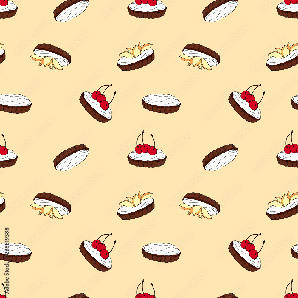 Seamless vector pattern of tartlets on peach background. Perfect for menu, card, textile of food package design Seamless vector pattern of tartlets on peach background. Perfect for menu, card, textile of food package design