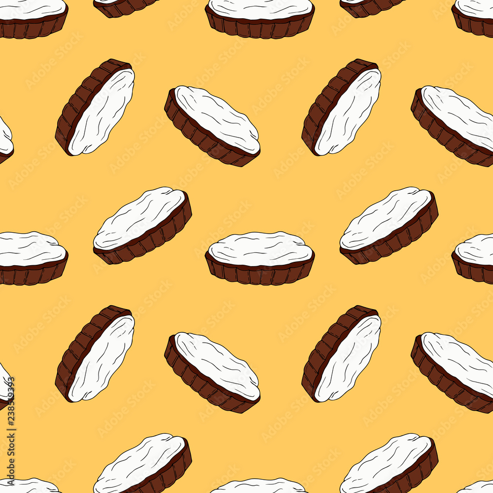 Seamless vector pattern of tartlets on yellow  background. Perfect for menu, card, textile of food package design