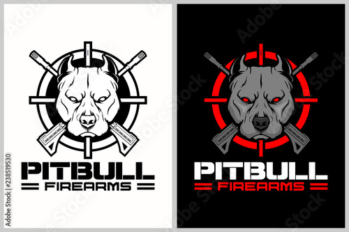 Pitbull dog head vector with crosshair and rifle vector logo template