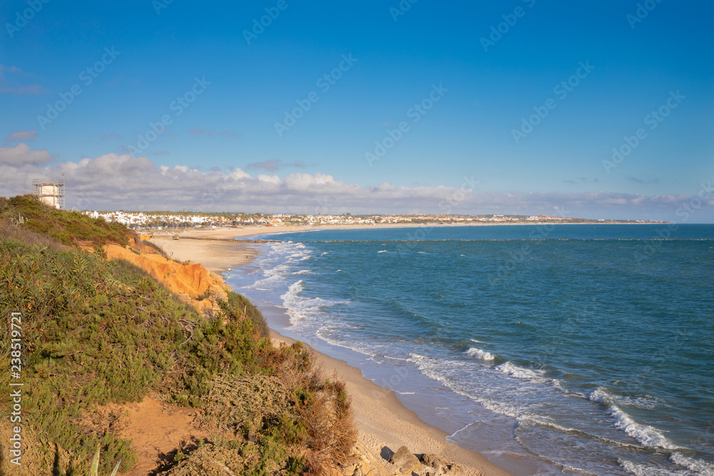 La Barrosa Beach in Chiclana de la Frontera, one of the most famous and large beaches in Cadiz (Andalusia, Spain, Europe), from the mountain