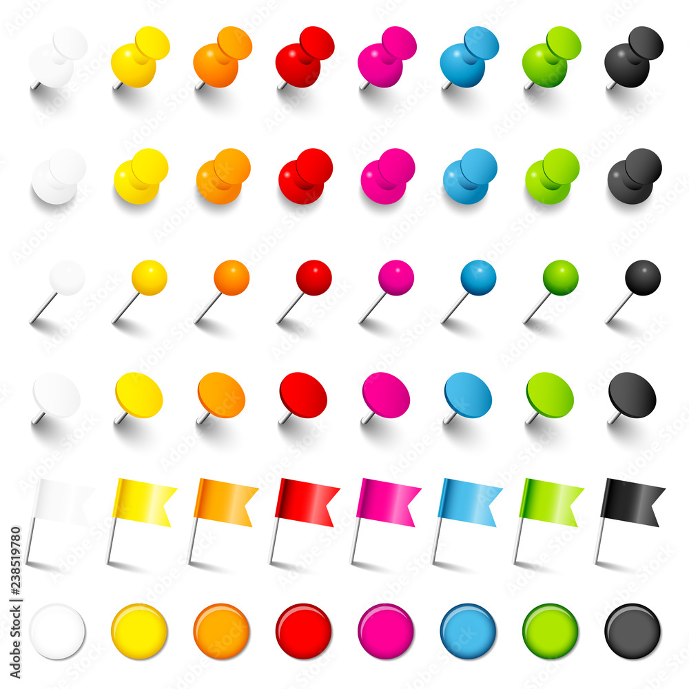 6 Types Of Pins, Needles, Flags & Set 8 Colors Stock Vector