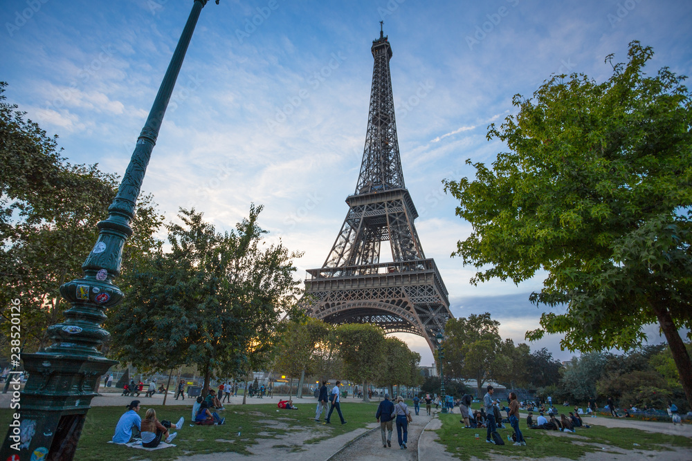 PARIS, FRANCE, SEPTEMBER 5, 2018 - View of Tour Eiffel from Champ de Mars in Paris, France.