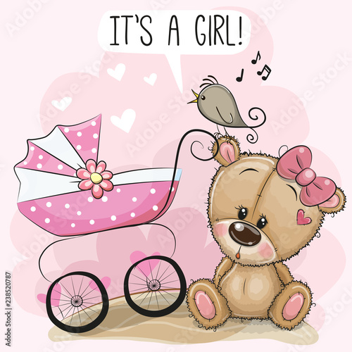 Baby carriage and teddy bear