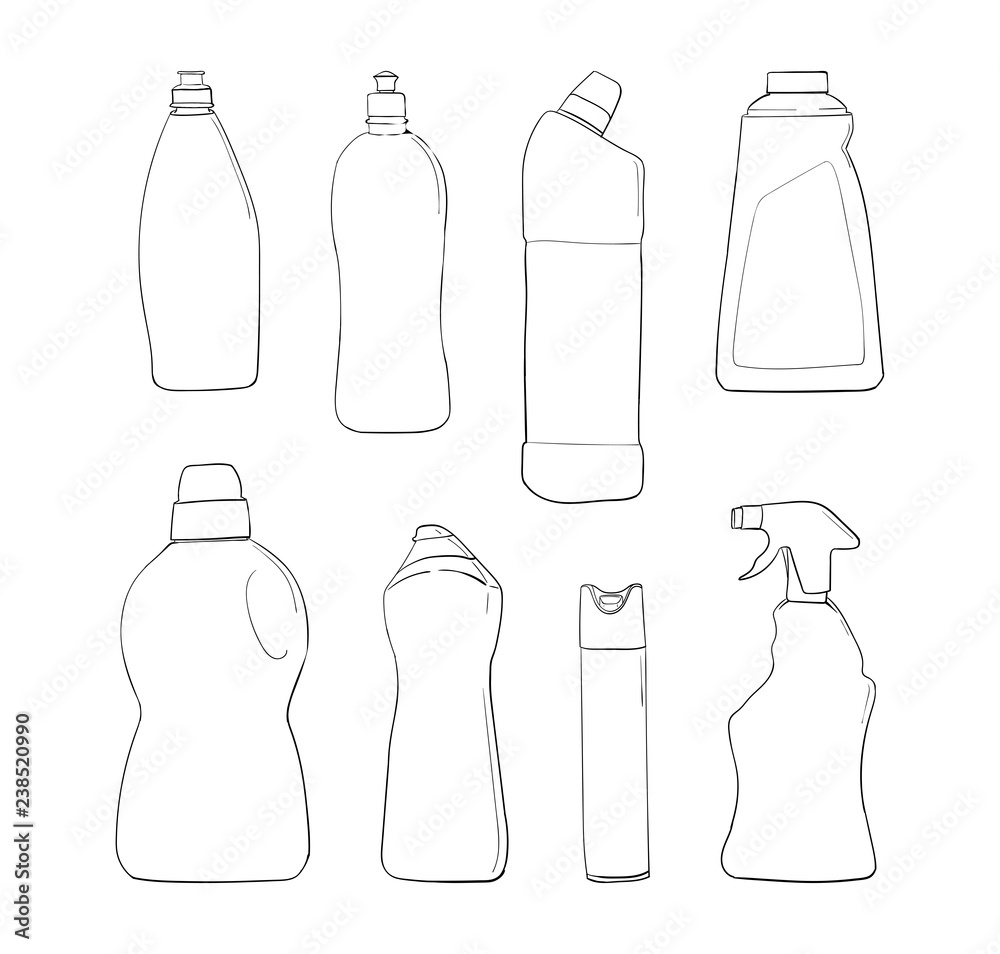 Detergent bottle and chemicals household product set.