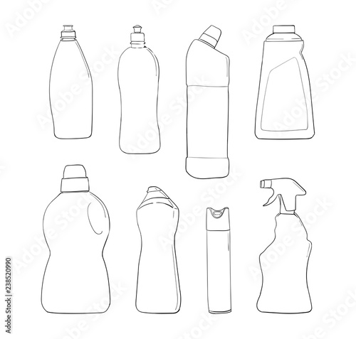 Detergent bottle and chemicals household product set.