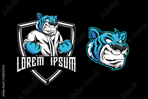 aggressive blue tiger for martial arts club shield badge logo template