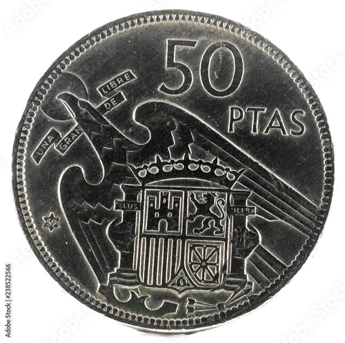 Old Spanish coin of 50 pesetas, Francisco Franco. Year 1957, 59 in the star. Reverse. photo