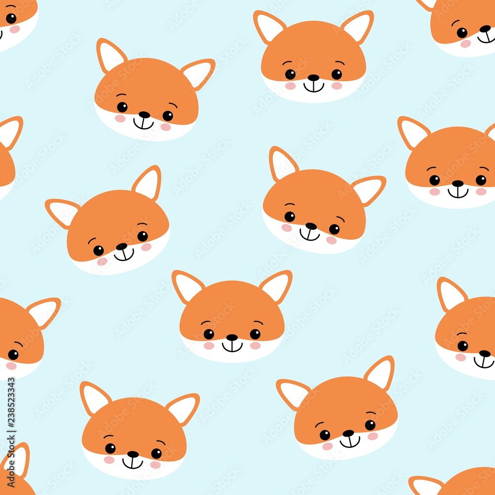 Cute foxes seamless vector pattern. Orange fox's head on blue background Cute foxes seamless vector pattern. Orange fox's head on blue background