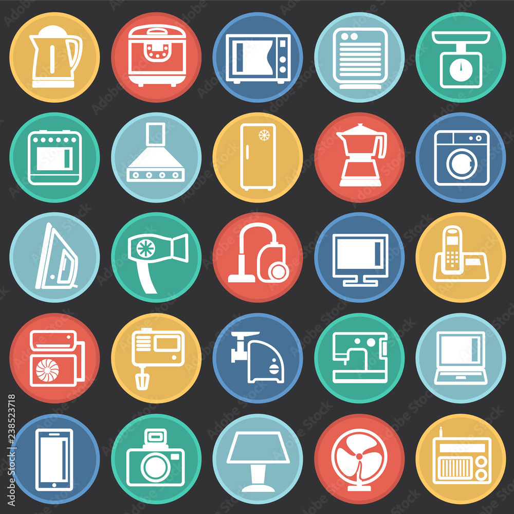 Home appliance icons set on color circles black background for graphic and web design, Modern simple vector sign. Internet concept. Trendy symbol for website design web button or mobile app Home appliance icons set on color circles black background for graphic and web design, Modern simple vector sign. Internet concept. Trendy symbol for website design web button or mobile app
