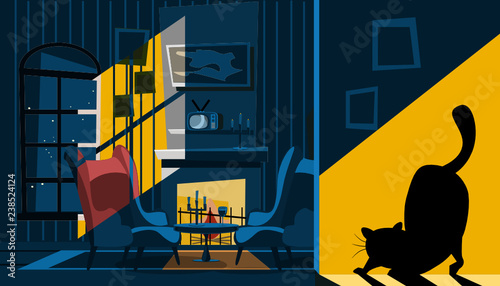 cat shadow in living room vector illustration 