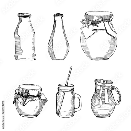 Vector hand drawn Illustration with bottle, carafe, cans, glass. Sketch dishes. isolated on the white background. Engraved style.