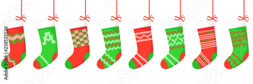 Set of Christmas stocking with various patterns in green-red colours. Vector seamless ornament on white background.