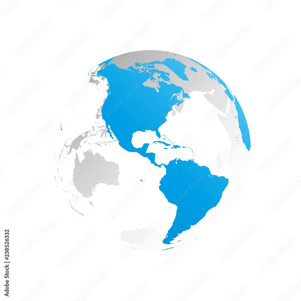 3D planet Earth globe. Transparent sphere with blue land silhouettes. Focused on Americas.