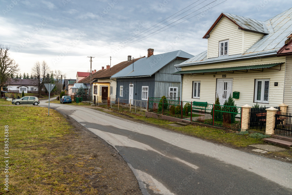 Very old polish village Jacmierz with the wooden houses. Southern Poland