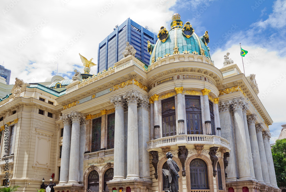 Rio de Janeiro, Brazil, Municipal theater . This is the Opera and ballet theatre in Rio de Janeiro. It was built in 1907. The theater building is decorated with statues of Music and Poetry.