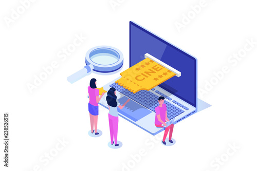Online cinema tickets booking isometric concept. Mobile app. Vector illustration