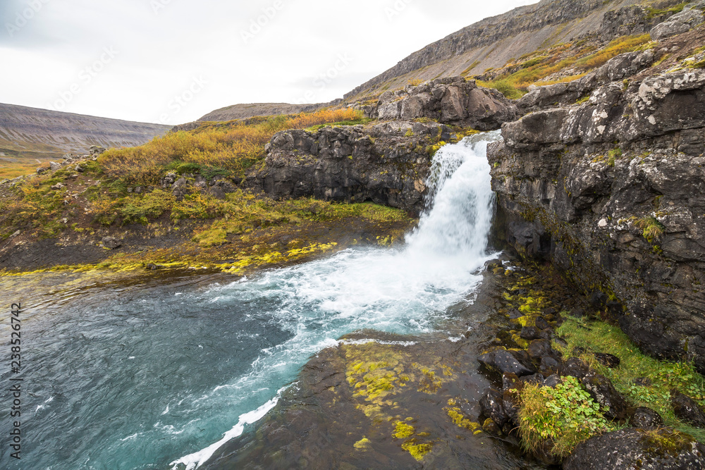 Dynjandi waterfall landscape, west fjords, Iceland Dynjandi waterfall landscape, west fjords, Iceland