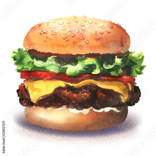 Big tasty haburger, fresh burger with lettuce, cheese, tomato, meat, onion, bun, fast food, isolated, hand drawn watercolor illustration on white photo