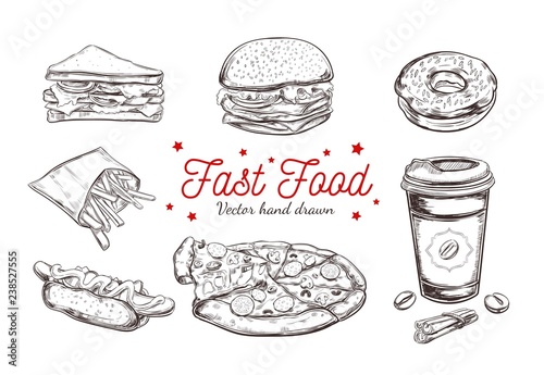 Fastfood dishes with drinks . Vector Hand drawn Isolated vector objects. Hamburger, pizza, hot dog