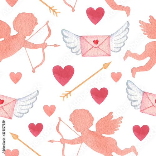 Happy Valentine's day watercolor vector seamless pattern.