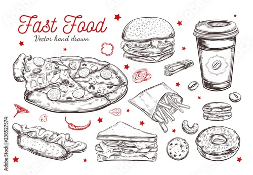 Fastfood dishes with drinks . Vector Hand drawn Isolated vector objects. Hamburger, pizza, hot dog