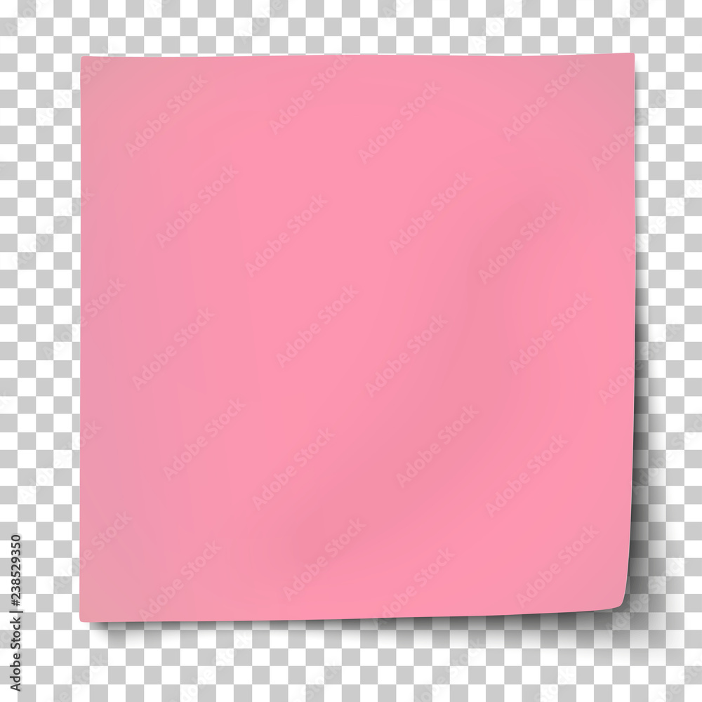 Office pink paper sticker with bent lower right and shadow isolated on transparent background. Template vector post note.