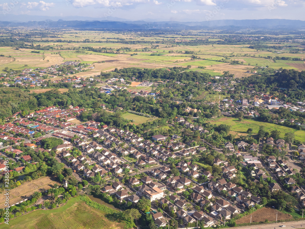 Aerial view of residential neighborhood in Chiangrai, Thailand.