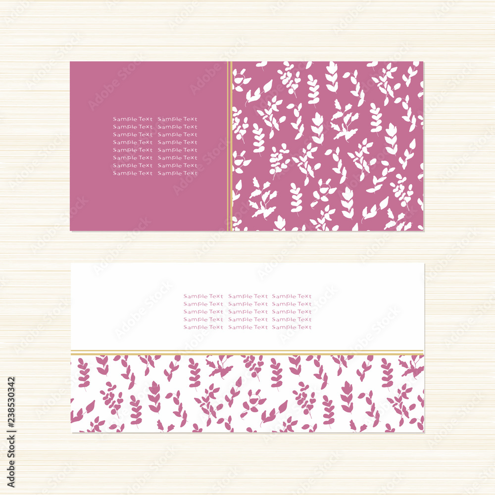 Invitation to the wedding, anniversary, congratulations, thanks. Template. Background with leaves. Pink. Set. Envelopes and postcards. Sketch.