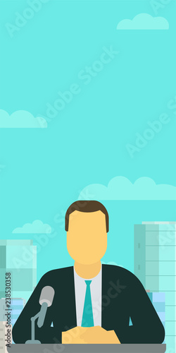 Vertical banner. Broadcaster anchorman. TV presenter making speech in microphone. Against the sky and city.