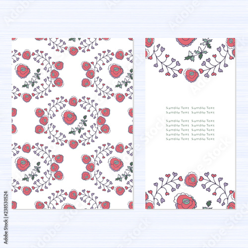 A set of cards with flowers. Template. Pink and green. Tender. beautiful. Template. It can be used as a greeting, an invitation to a wedding anniversary. Birthday, Valentine's Day. Thanks. 