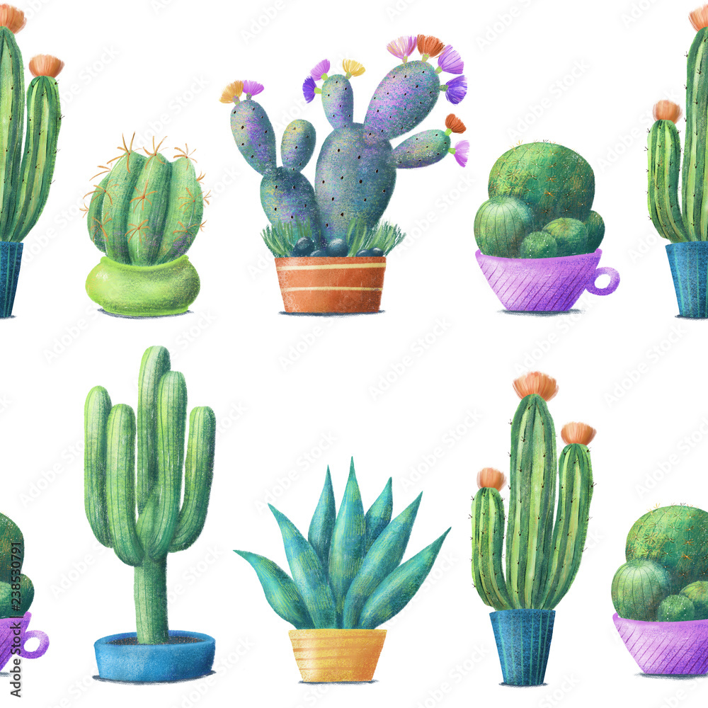 Regular seamless pattern with cute cacti, tall, round, prickly pear, agave, houseplants in pots, hand drawn illustration on white background. Cute cacti in pots, seamless pattern on white background Regular seamless pattern with cute cacti, tall, round, prickly pear, agave, houseplants in pots, hand drawn illustration on white background. Cute cacti in pots, seamless pattern on white background