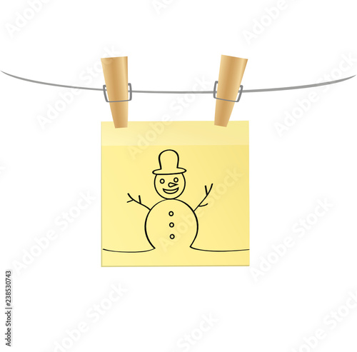 Hand-drawn christmas snowman on yellow sticker hanging on clothespins. Vector on white background