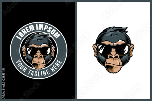 cute monkey cartoon head or chimpanzee wearing sunglasses vector round or stamp logo template photo