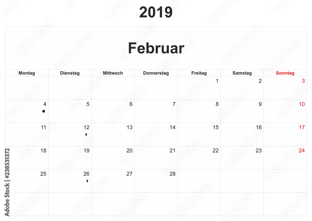 2019 German monthly calendar with white background. 2019 German monthly calendar with white background.