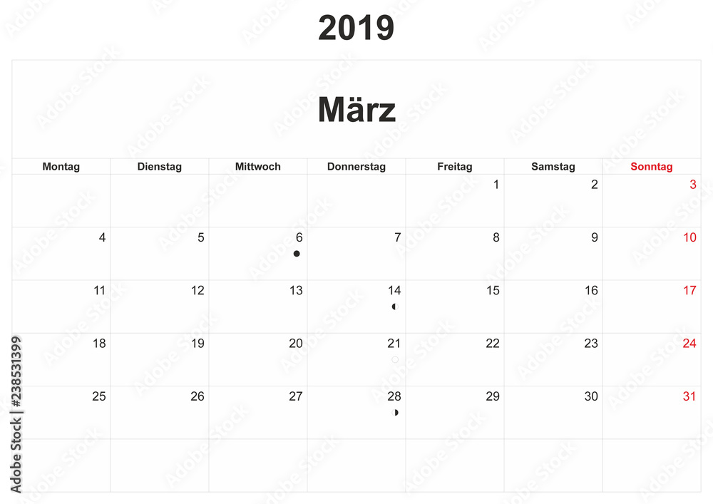 2019 German monthly calendar with white background. 2019 German monthly calendar with white background.