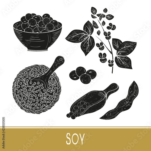 Soy. Plant Leaves, flower, branch, fruit, pod. Scoop,  bowl. Set. Black silhouette on white background.