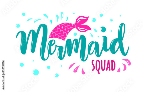 Mermaid hand lettering text. Typography for t-shirt design, birthday party, greeting card, party invitation, logo, badge, patch, icon, banner template. Vector illustration. 