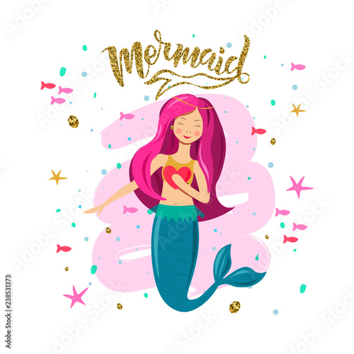 Hand sketched Mermaid text. Lettering typography for t-shirt design, birthday party, greeting card, party invitation, logo, badge, patch, icon, banner template. Vector illustration. 