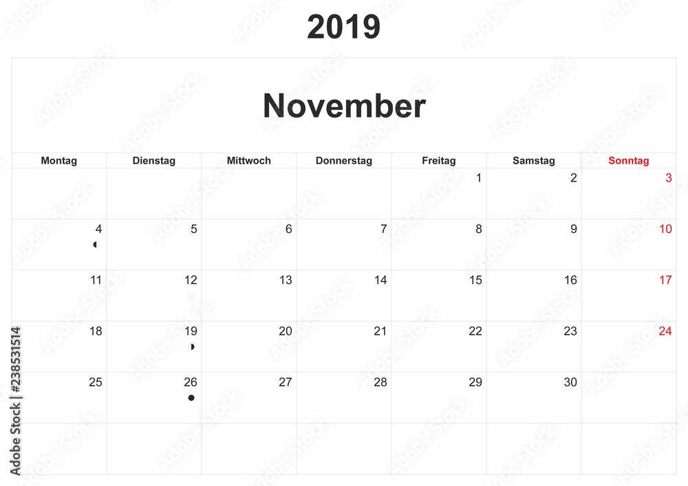 2019 German monthly calendar with white background. 2019 German monthly calendar with white background.