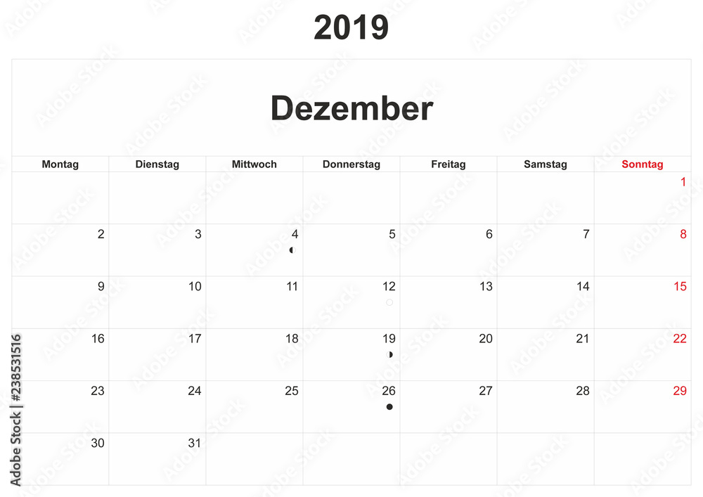 2019 German monthly calendar with white background. 2019 German monthly calendar with white background.
