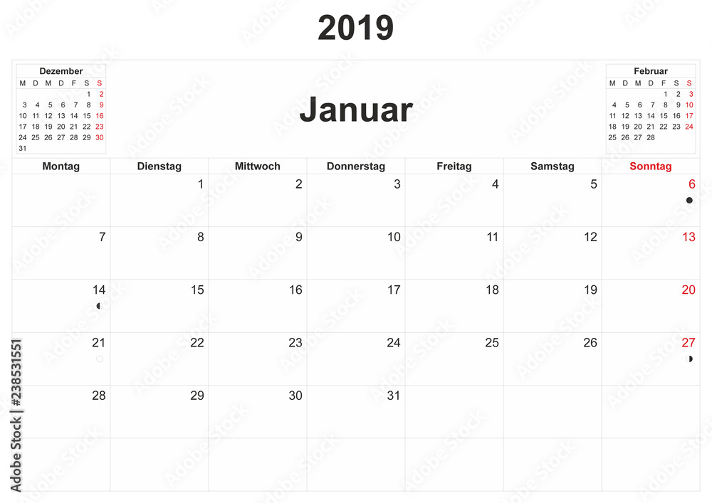 2019 German monthly calendar with white background. 2019 German monthly calendar with white background.