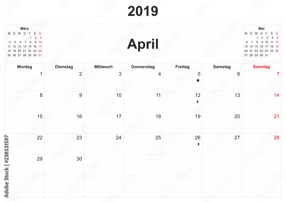 2019 German monthly calendar with white background. 2019 German monthly calendar with white background.