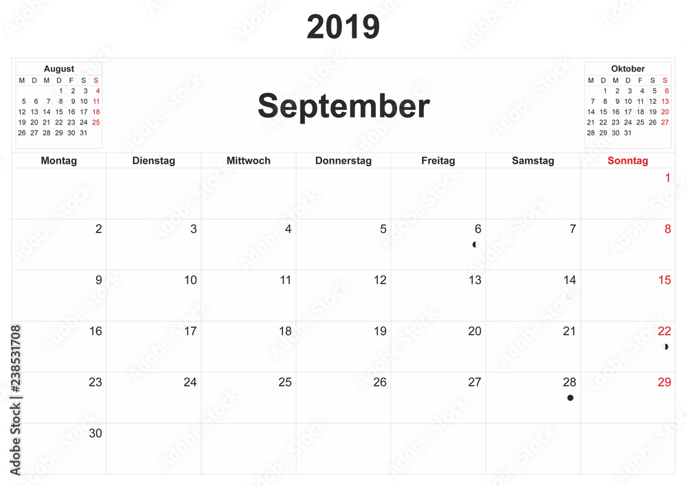 2019 German monthly calendar with white background.