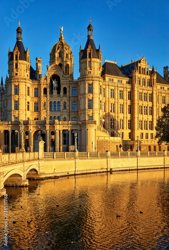 Schwerin castle under clear blue sky in autumn. Germany