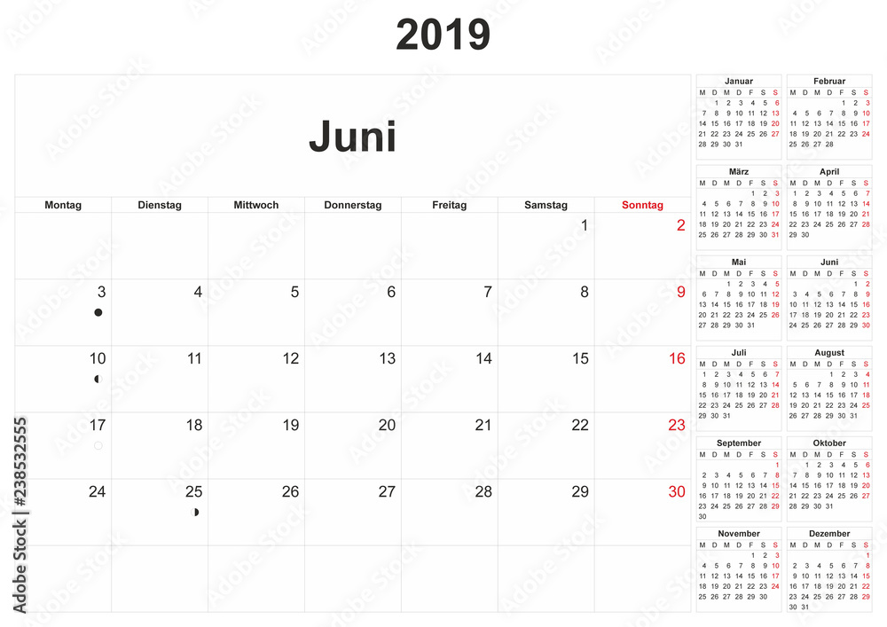 2019 German monthly calendar with white background. 2019 German monthly calendar with white background.