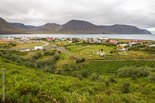 View over Flateyri, town in west fjords region of Iceland photo