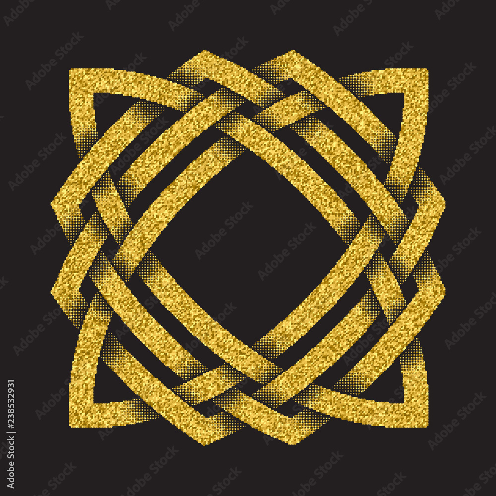 Golden glittering logo symbol in Celtic style on black background. Tribal symbol in four pointed mandala form. Gold stamp for jewelry design. Golden glittering logo symbol in Celtic style on black background. Tribal symbol in four pointed mandala form. Gold stamp for jewelry design.