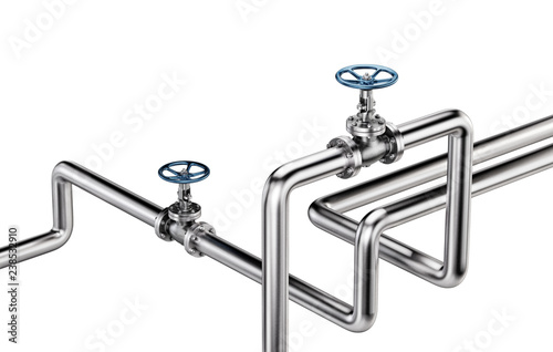 Fotografie Industrial Pipes with Valves isolated on White Background