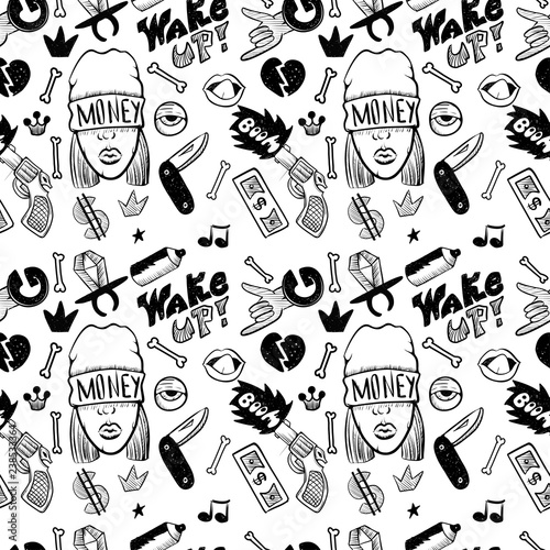 Rap Music. Hip hop doodle pattern with rap attributes